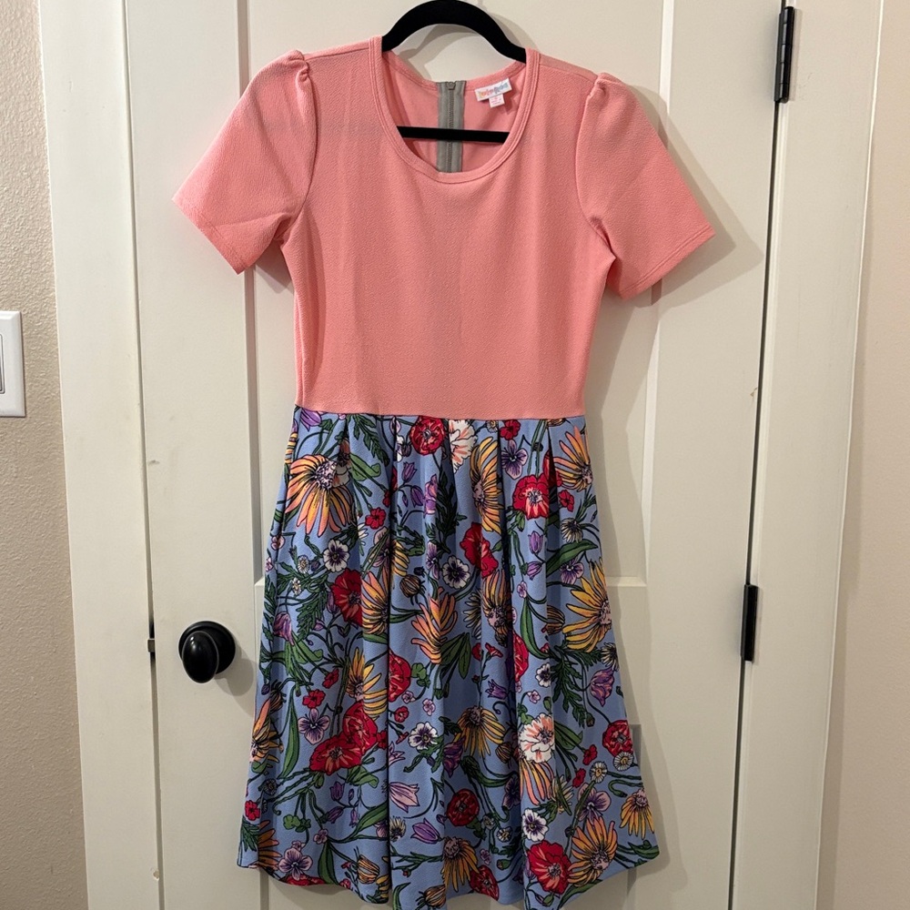 LuLaroe Amelia Floral Pink and Blue Dress with pockets